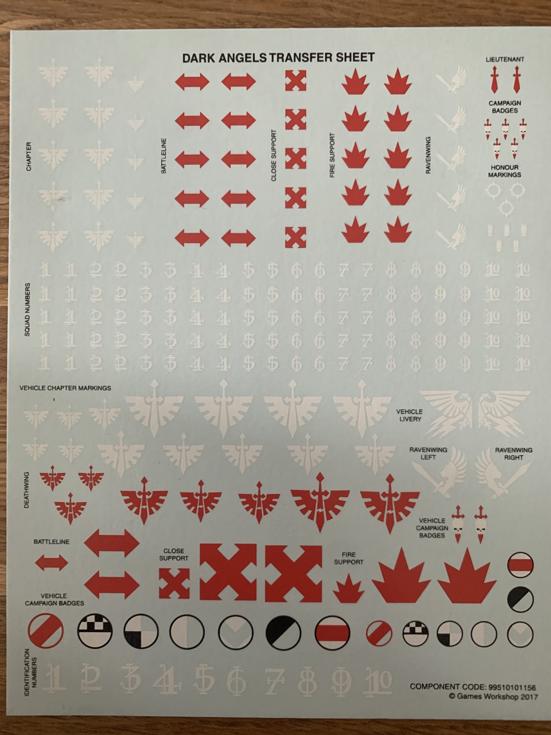 Dark Angels Transfer Sheet
